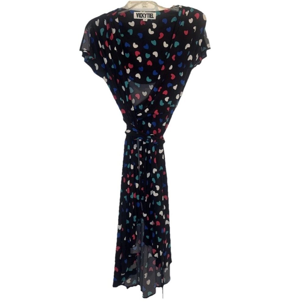Vicky Tiel Women's Colorful Heart Split Flutter Sleeve Wrap Midi Dress Sz S